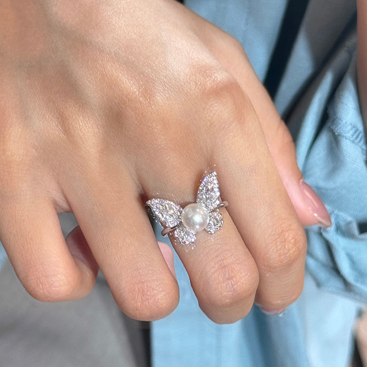 Butterfly Pearl Fashionable Adjustable Ring In Sterling Silver