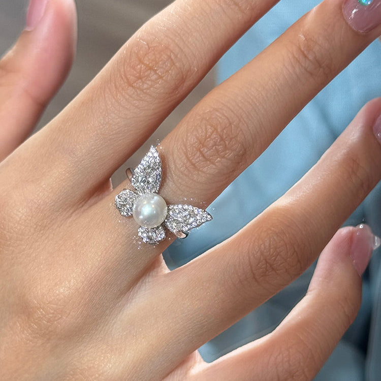 Butterfly Pearl Fashionable Adjustable Ring In Sterling Silver