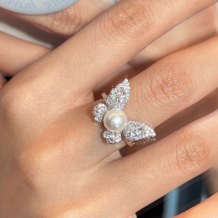 Butterfly Pearl Fashionable Adjustable Ring In Sterling Silver