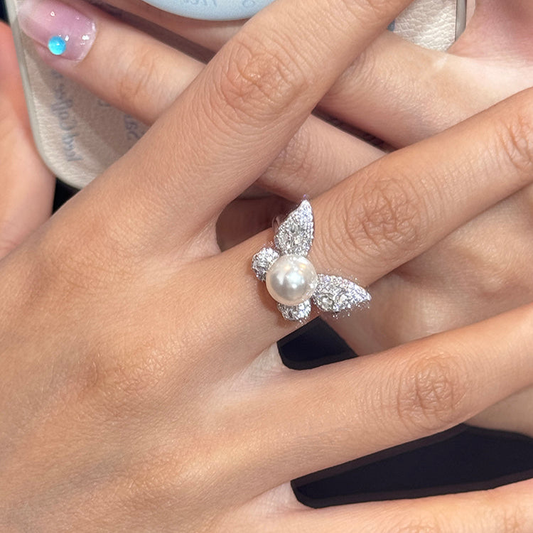 Butterfly Pearl Fashionable Adjustable Ring In Sterling Silver