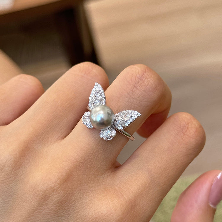 Butterfly Pearl Fashionable Adjustable Ring In Sterling Silver