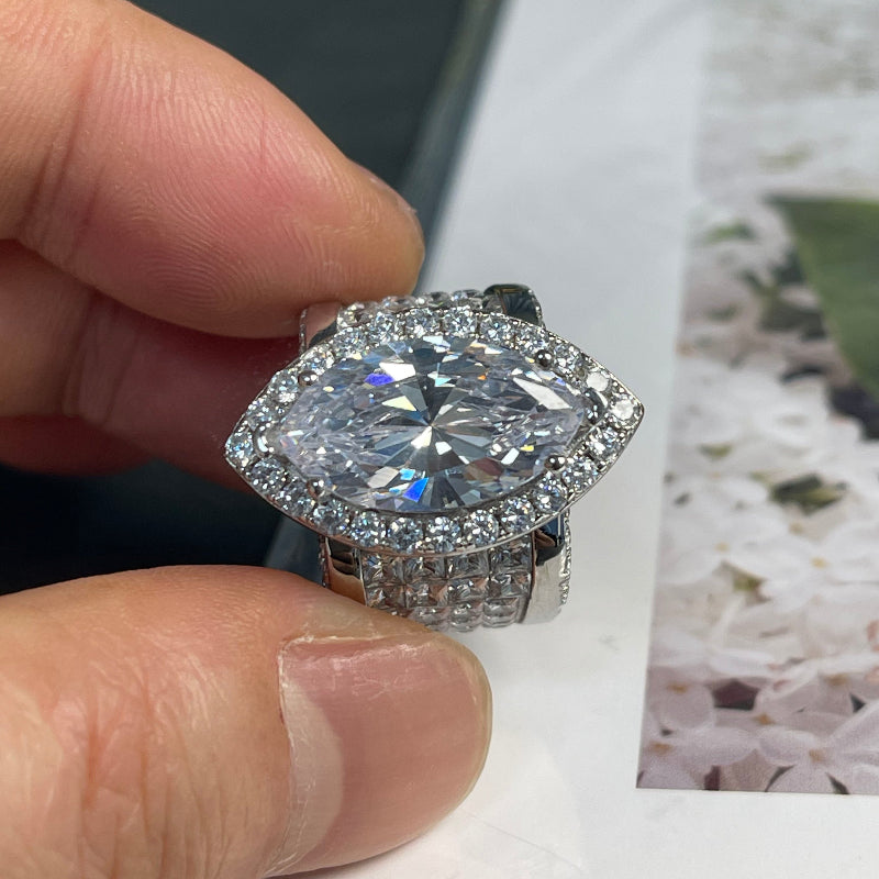 7CT Halo Marquise Cut Wide Band Engagement Ring in Sterling Silver