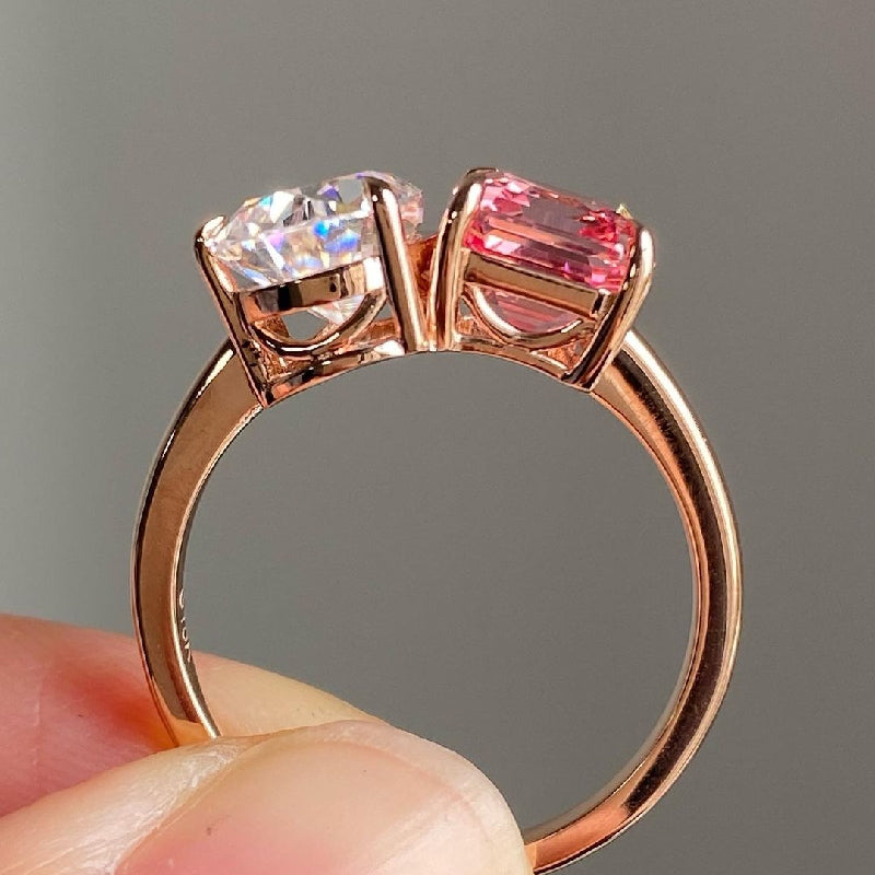 Two Stone Pear Cut & Emerald Cut Ring in Rose Gold/Golden Tone