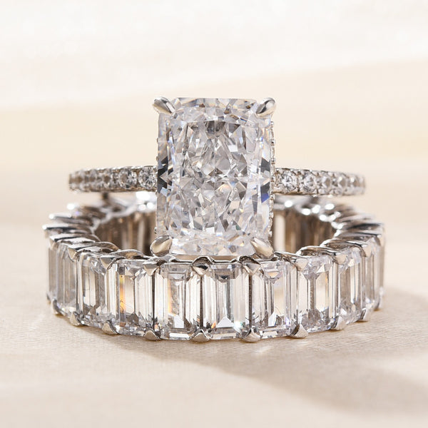 2PCS Radiant Cut with Emerald Cut Shank Wedding Ring Set in Sterling Silver