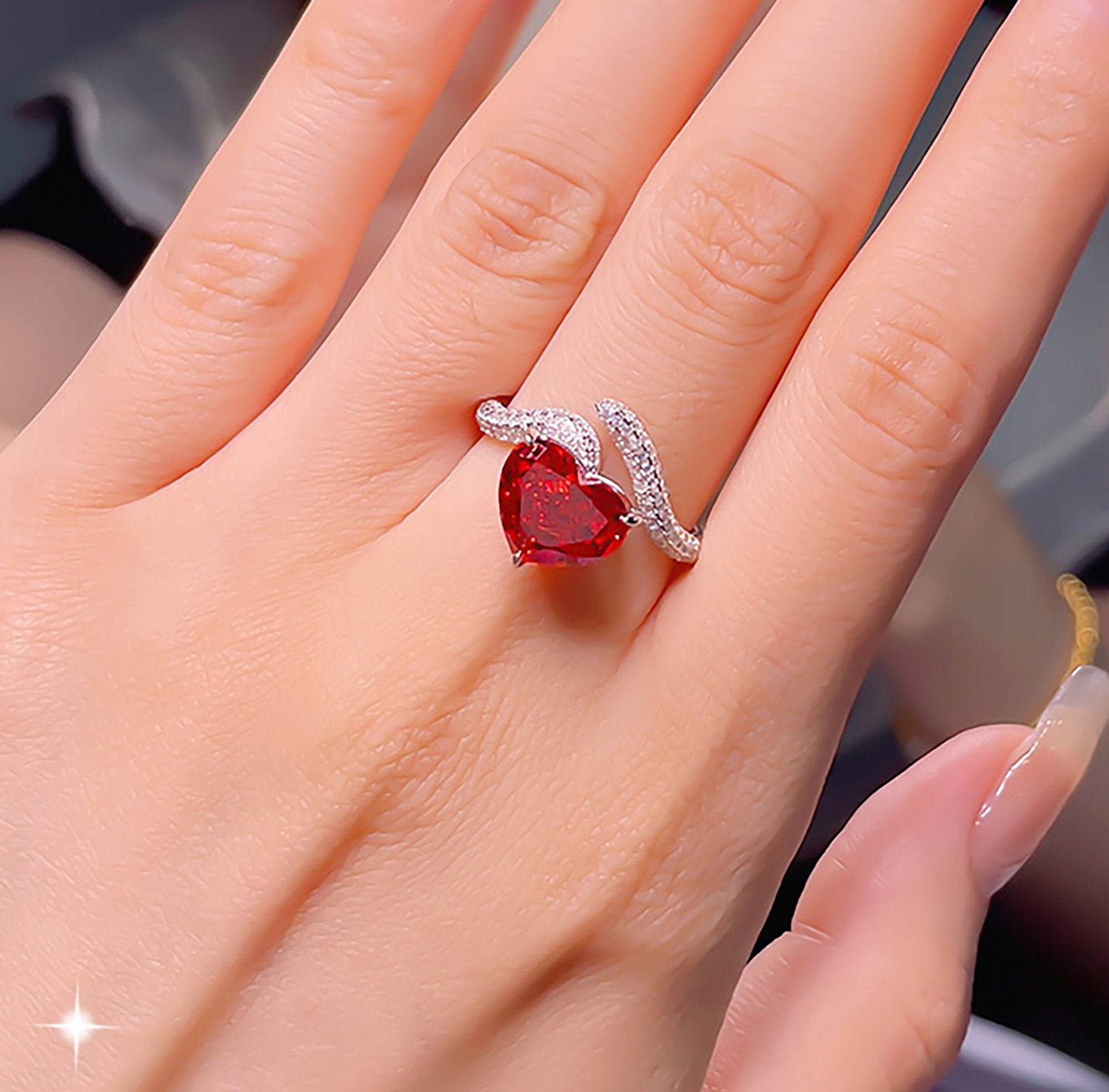 Heart Cut Red Ruby Engagement Wedding Ring in Sterling Silver