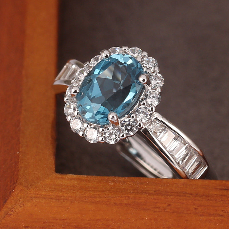 Handcrafted Halo Topaz Ring for Women ¨C Sterling Silver, Adjustable Size