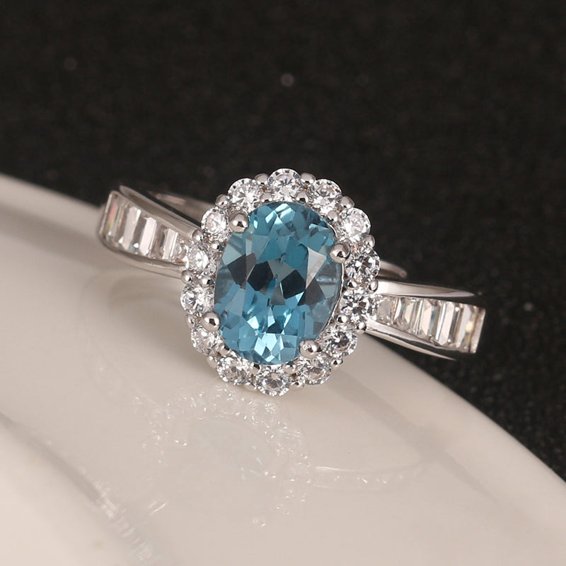 Handcrafted Halo Topaz Ring for Women ¨C Sterling Silver, Adjustable Size