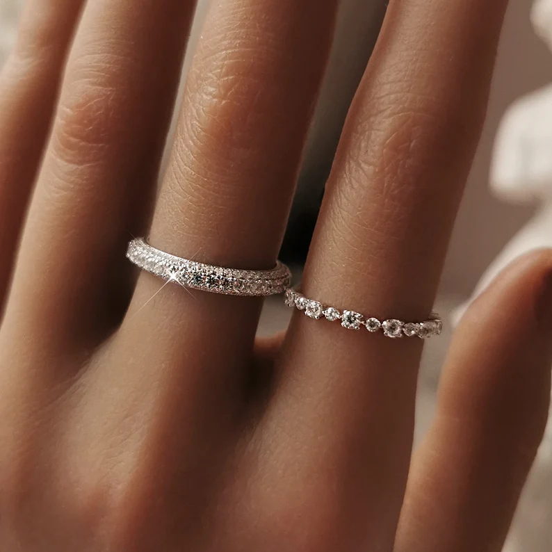 Micro Pavé Triple Row Half Eternity Wedding Band Ring in 925 Sterling Silver