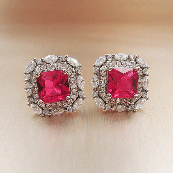 Red Gem Double Halo 925 Sterling Silver Stud Earrings