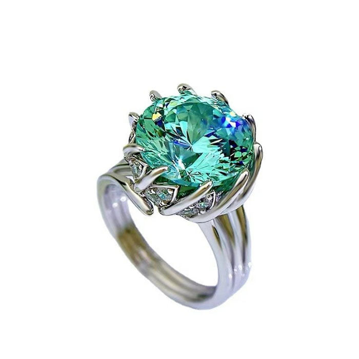 Unique Design Round Cut Green Moissanite Sterling Silver Engagement Ring