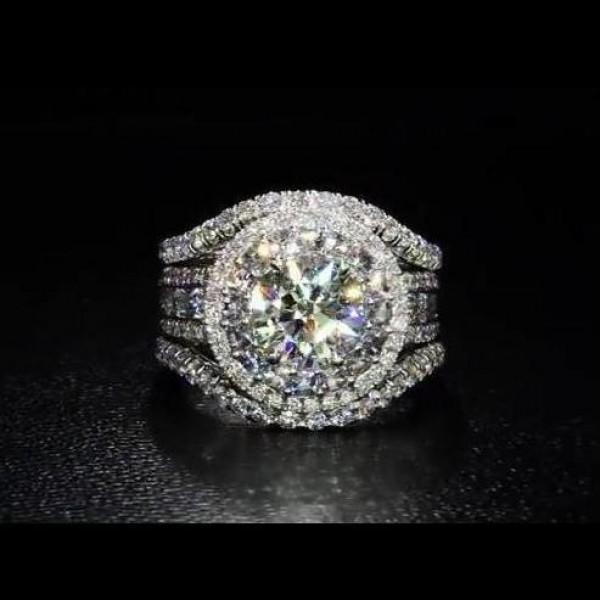 Round Cut Halo Engagement Ring in Sterling Silver with Guard Enhancer