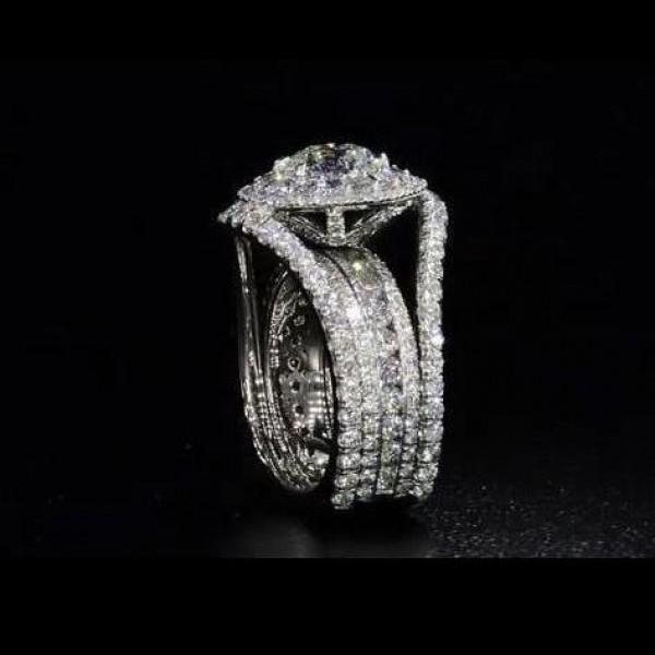 Round Cut Halo Engagement Ring in Sterling Silver with Guard Enhancer