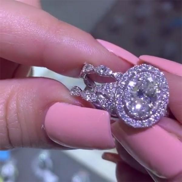 Oval Cut Double Halo Bridal Set with Double Edge Band Enhancer Ring Set