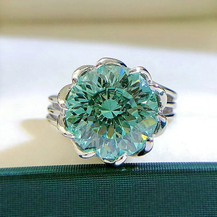 Unique Design Round Cut Green Moissanite Sterling Silver Engagement Ring