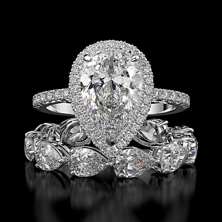 Pear Cut Engagement Ring & Heart-Shaped Wedding Band Sets
