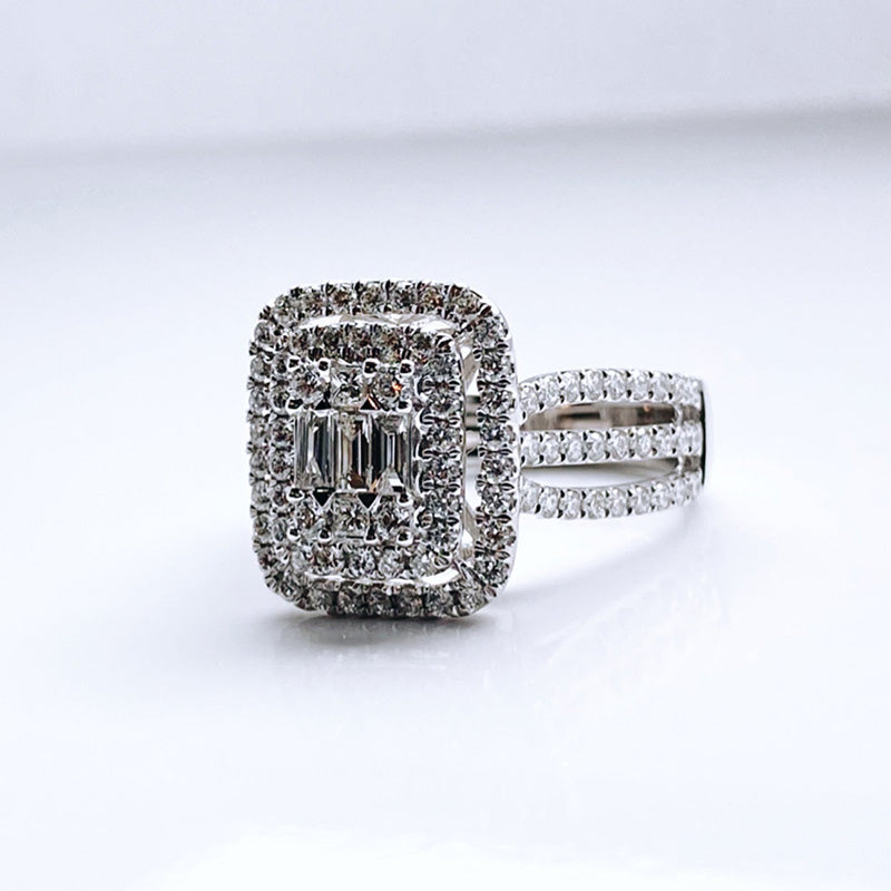 Double Halo Three Shank Emerald Cut Sterling Silver Engagement Ring