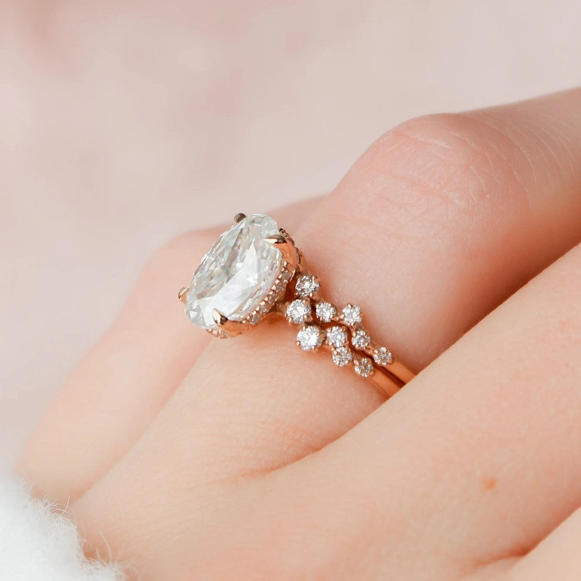 2.0 CT Rose Gold Oval Cut Zig Zag Ring Set Anniversary Ring Set in Sterling Silver