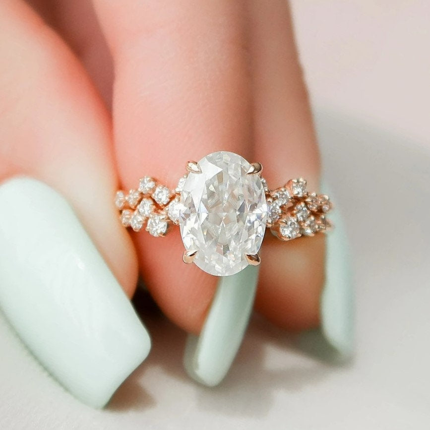 2.0 CT Rose Gold Oval Cut Zig Zag Ring Set Anniversary Ring Set in Sterling Silver