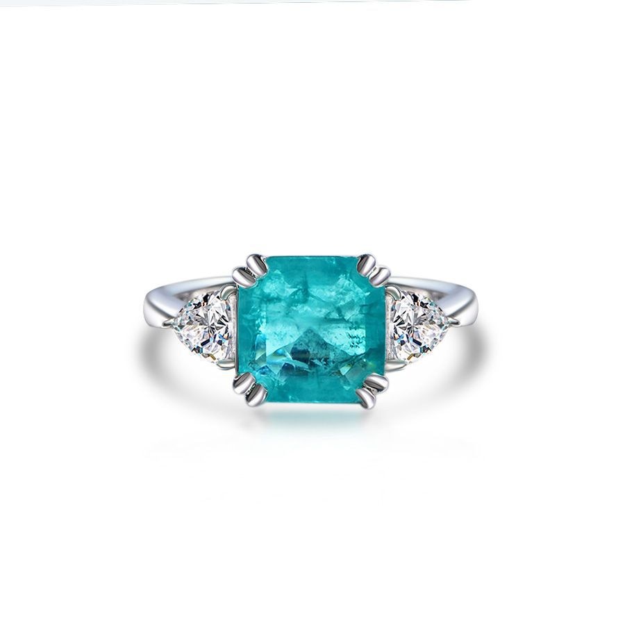 Three Stone Princess Cut Paraiba Tourmaline Ring in Sterling Silver