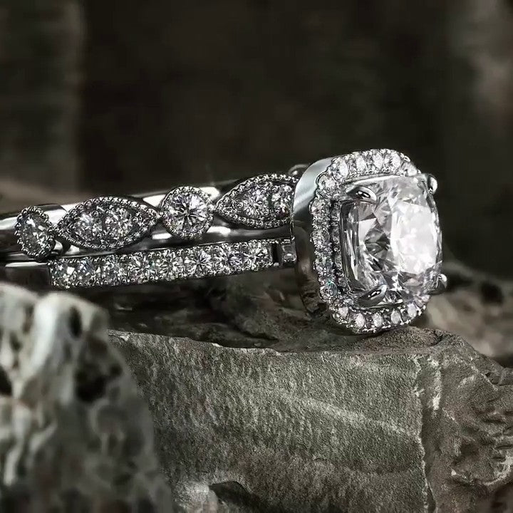 2.75CT Halo Cushion Cut Bridal Sets with Marquise Cut Band In Sterling Silver