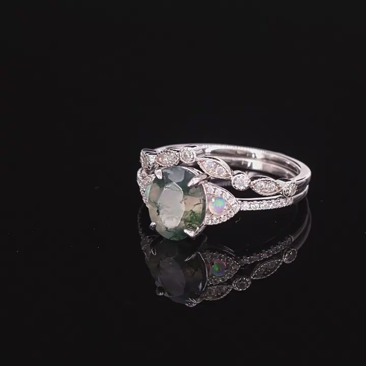 2 Pcs Natural Green Moss Agate Ring Set For Women