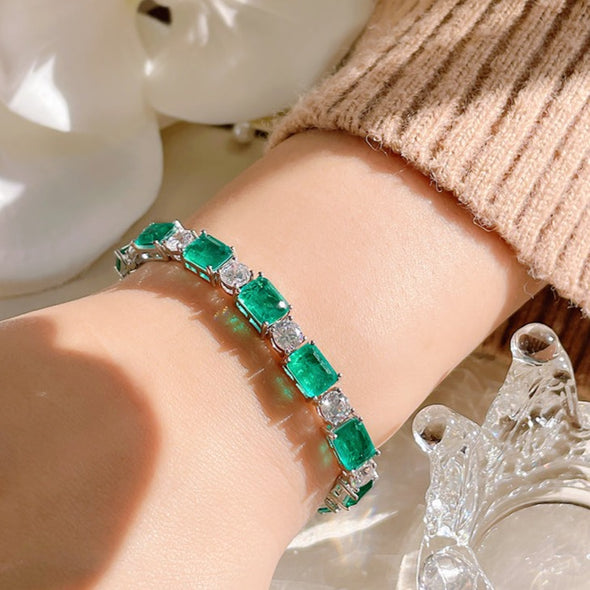 Classic Baguette Emerald Blue Red Gemstone Tennis Bracelet in Sterling Silver