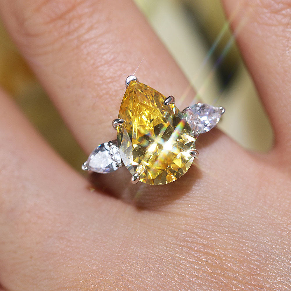 Classic Three Stone Yellow Pear Cut Sterling Silver Engagement Ring
