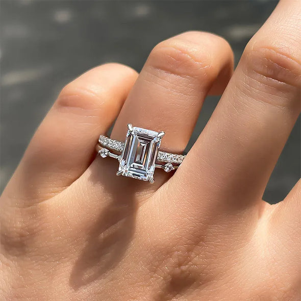 2PCS Emerald Cut Bridal Set Rings In Sterling Silver