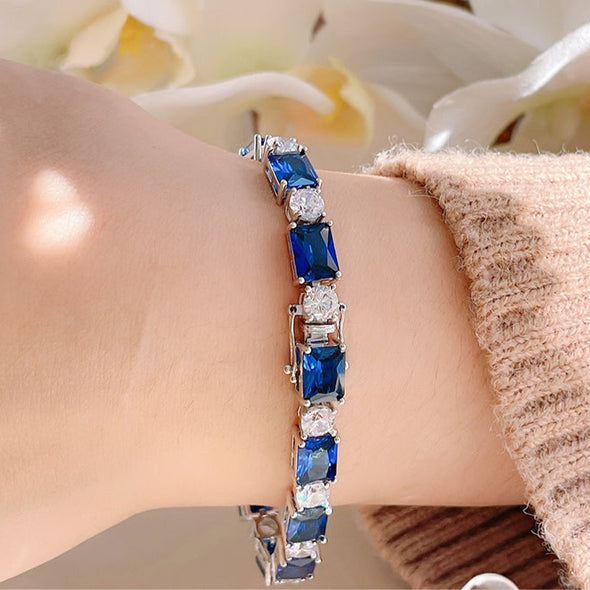 Classic Baguette Emerald Blue Red Gemstone Tennis Bracelet in Sterling Silver