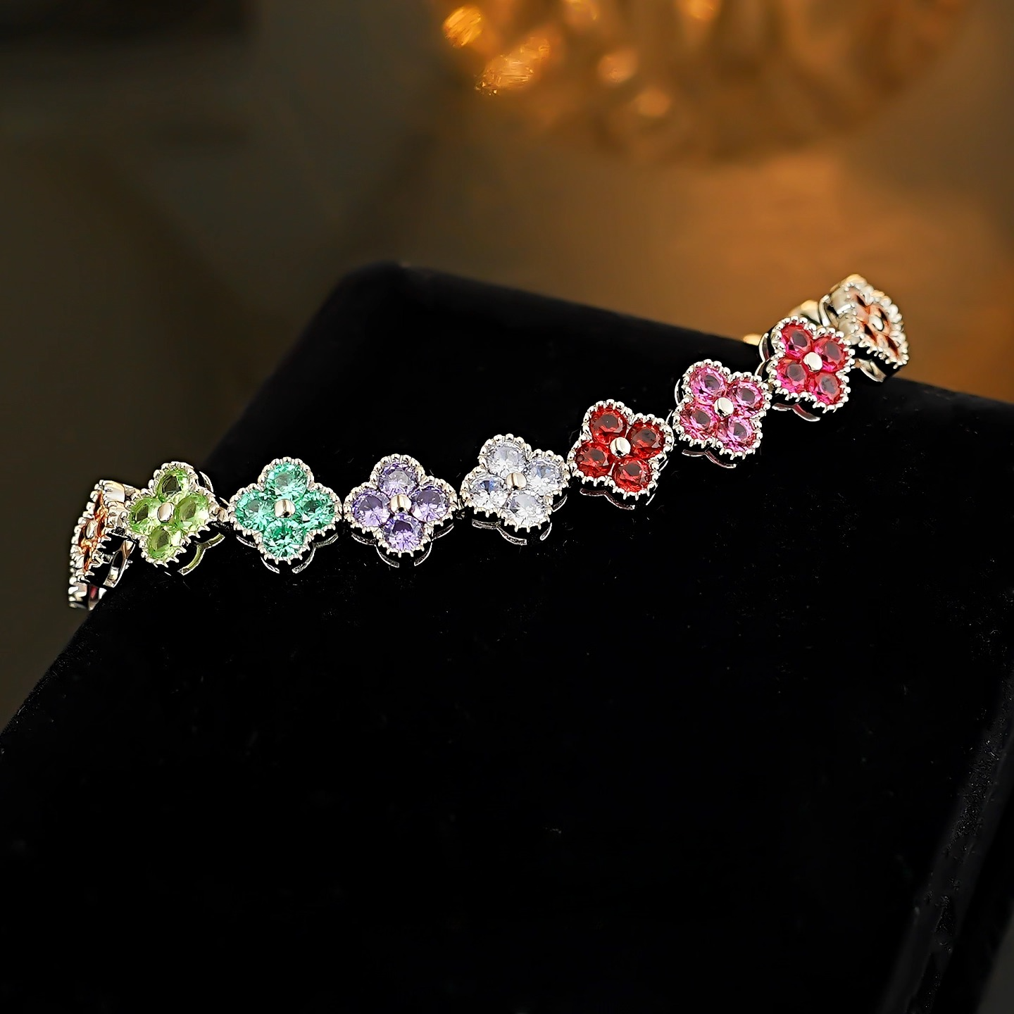 Clovers Design Multicolor Gemstone Bracelet in Sterling Silver