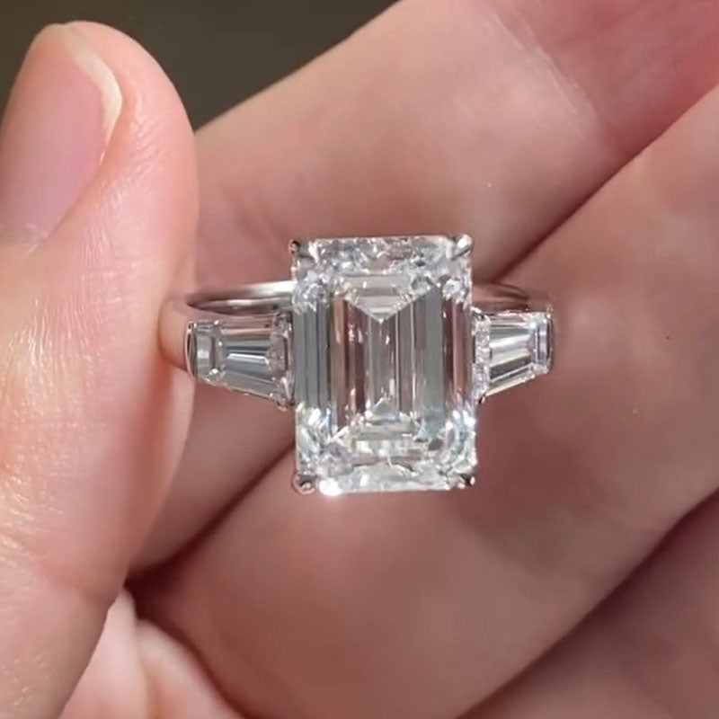 Classic Three Stone Emerald Cut Sterling Silver Engagement Ring