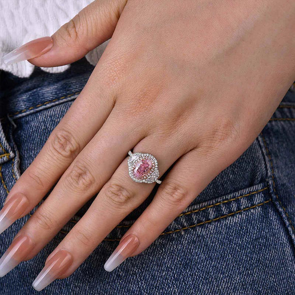 Stunning Double Halo Oval Cut Pink Sterling Silver Engagement Ring