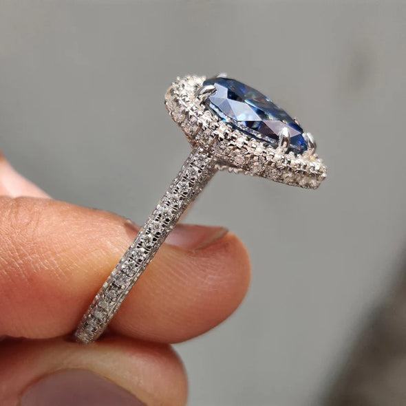 Halo Pear Cut Blue Stone Engagement Ring Three Sided Pave In Sterling Silver