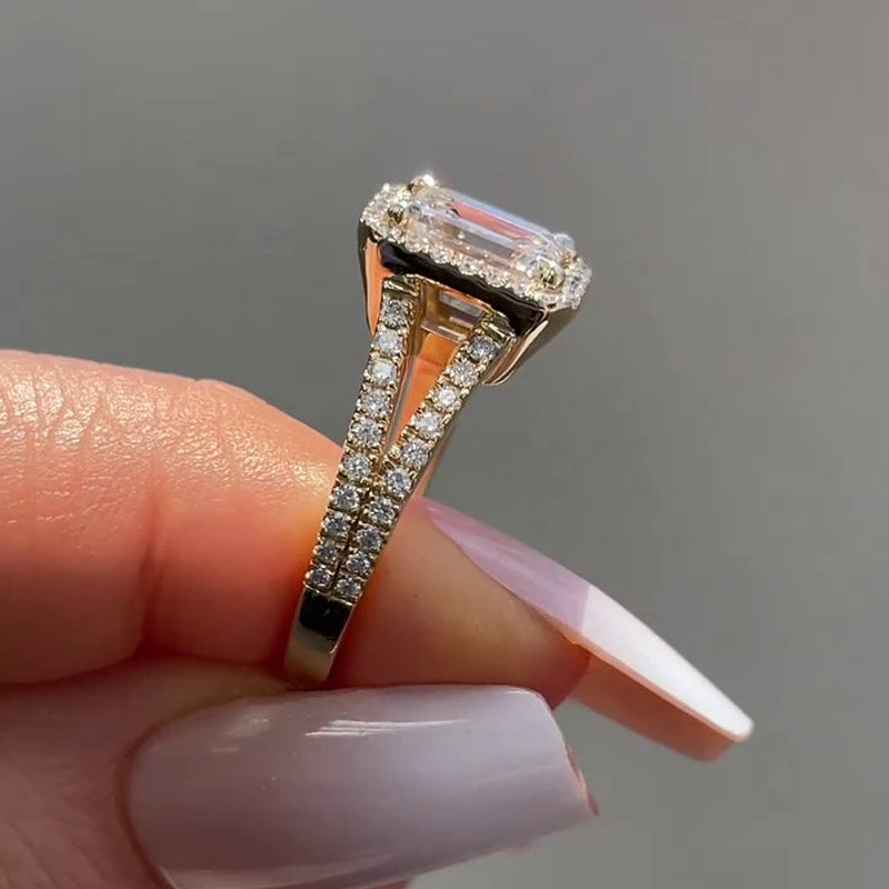 Luxurious Golden Tone Halo Emerald Cut Split Shank Engagement Ring