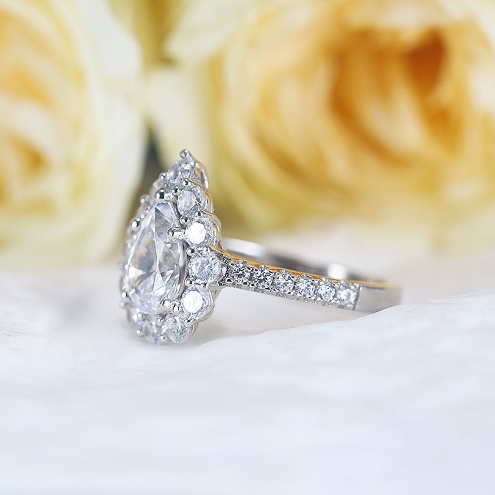 Stunning Pear Cut Halo Design Sterling Silver Engagement Ring