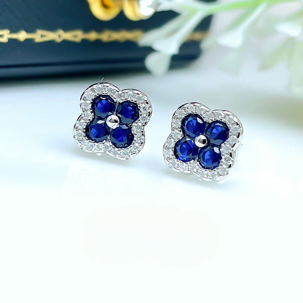 Clover Design Sapphire Stud Earrings in Sterling Silver