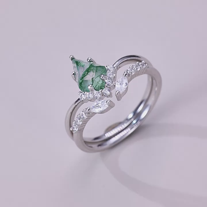 Retro Natural Green Moss Agate Ring Set For Women