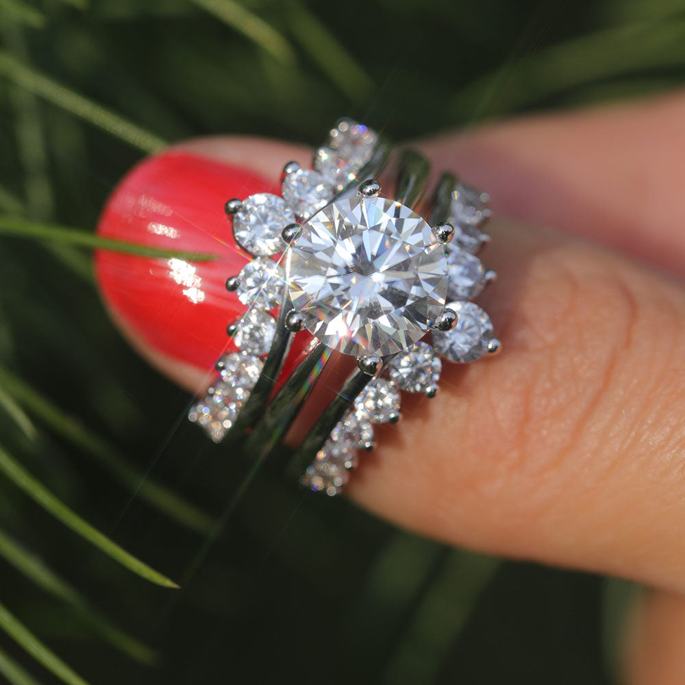 2 Pcs Round Cut Enhancer Wedding Bridal Set In Sterling Silver