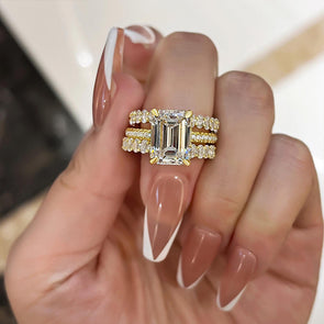 3PC Golden Tone Emerald Cut Wedding Bridal Set In Sterling Silver