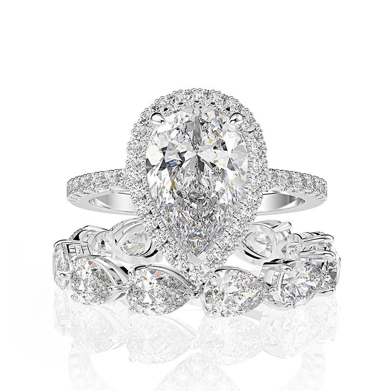 Pear Cut Engagement Ring & Heart-Shaped Wedding Band Sets