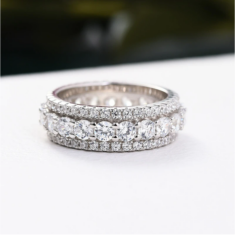 Eternity Round Cut Triple-Row Wedding Band In Sterling Silver