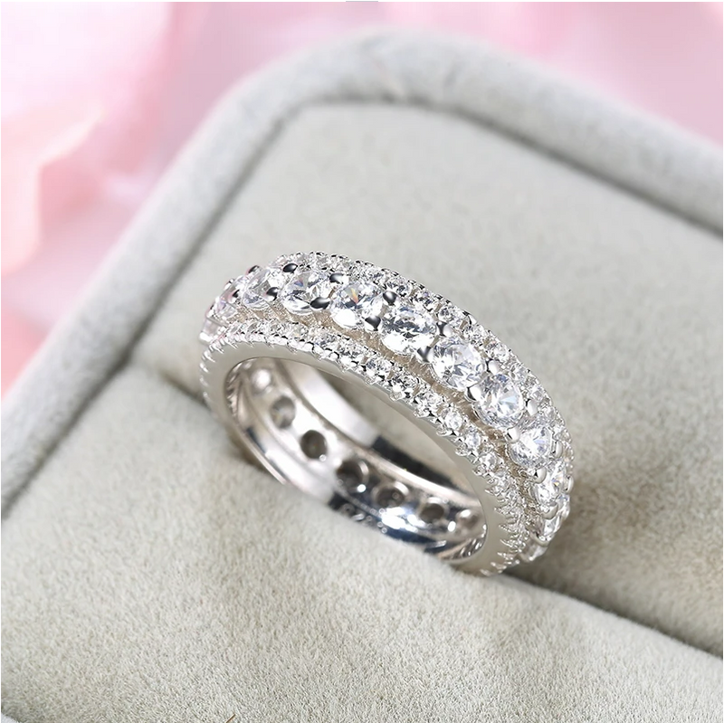 Eternity Round Cut Triple-Row Wedding Band In Sterling Silver