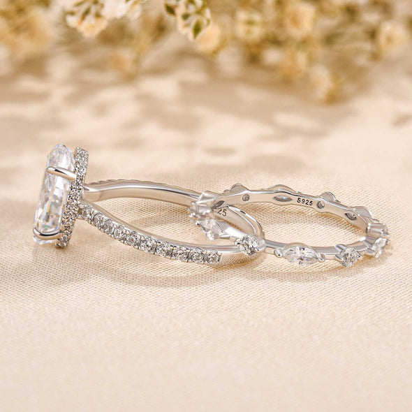 Crushed Ice Oval Cut Wedding Bridal Set In Sterling Silver