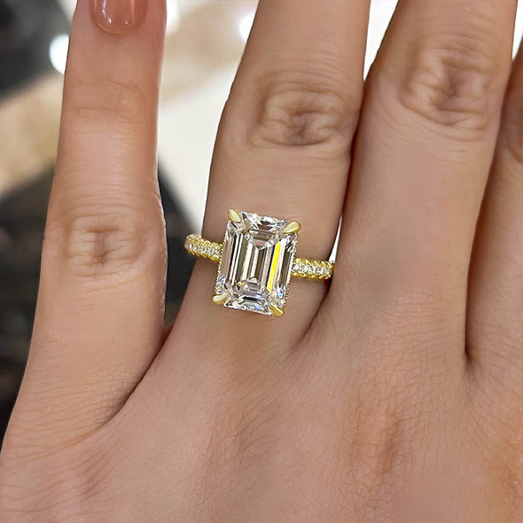 3PC Golden Tone Emerald Cut Wedding Bridal Set In Sterling Silver