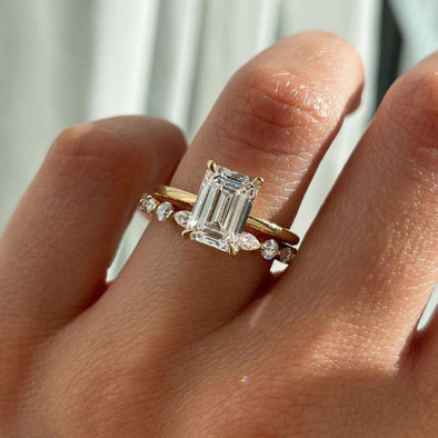 2pcs Exclusive Golden Tone Emerald Cut Bridal Set For Women In Sterling Silver