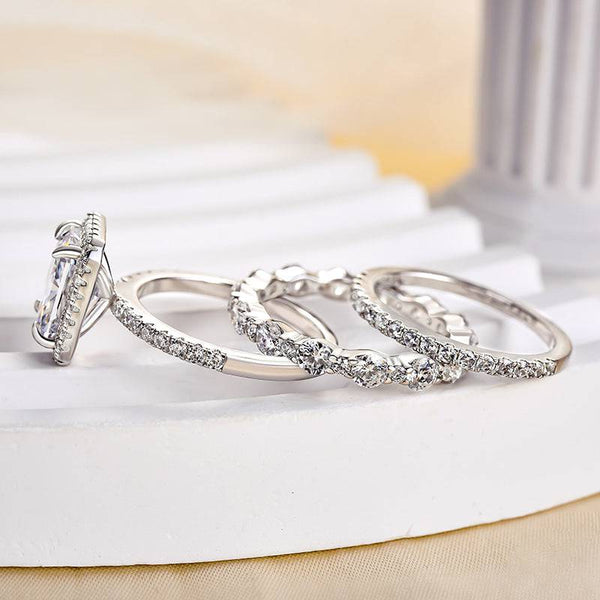 3PC Gorgeous Halo Radiant Cut Bridal Set In Sterling Silver