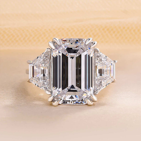 Gorgeous Emerald Cut Three Stone Engagement Ring In Sterling Silver