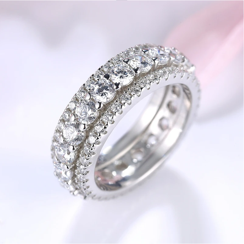 Eternity Round Cut Triple-Row Wedding Band In Sterling Silver