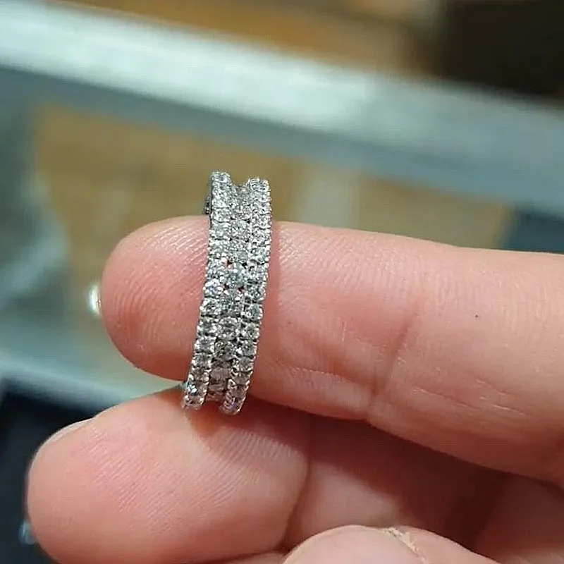 Stunning 3 Row Design Round Cut Sterling Silver Wedding Band