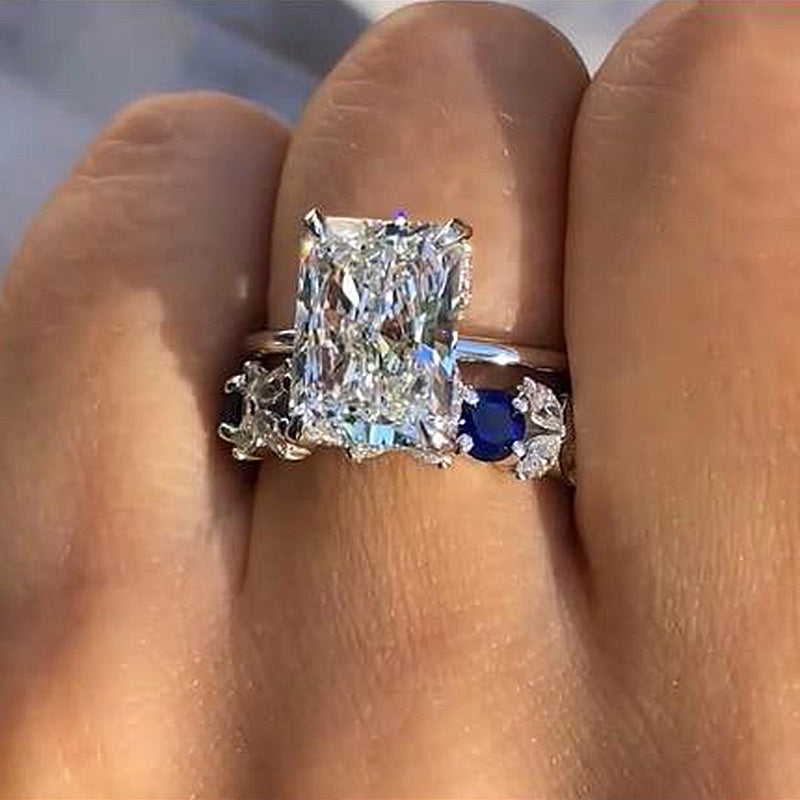 Dainty Radiant Cut Sterling Silver Bridal Set with Two Tone Band